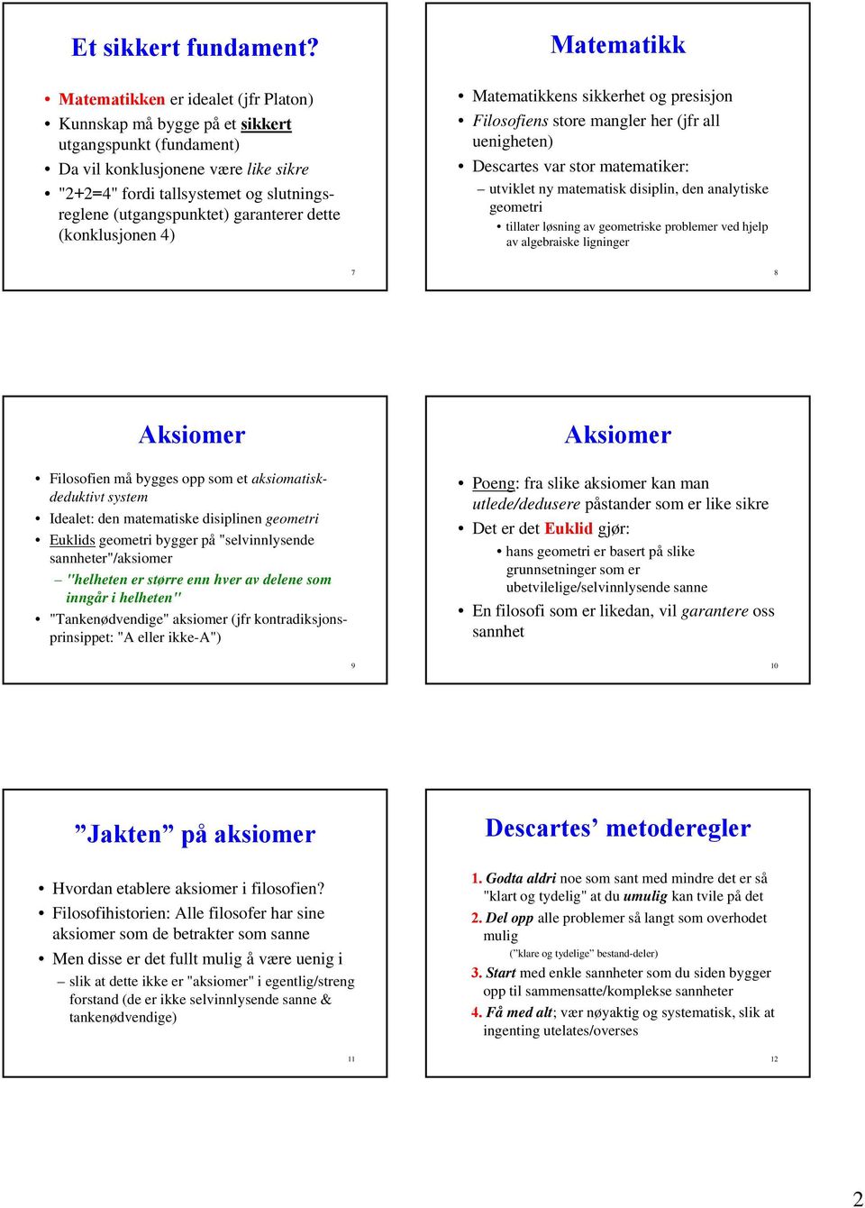 garanterer dette (konklusjonen 4) Matematikk Matematikkens sikkerhet og presisjon Filosofiens store mangler her (jfr all uenigheten) ete Descartes var stor matematiker: utviklet ny matematisk