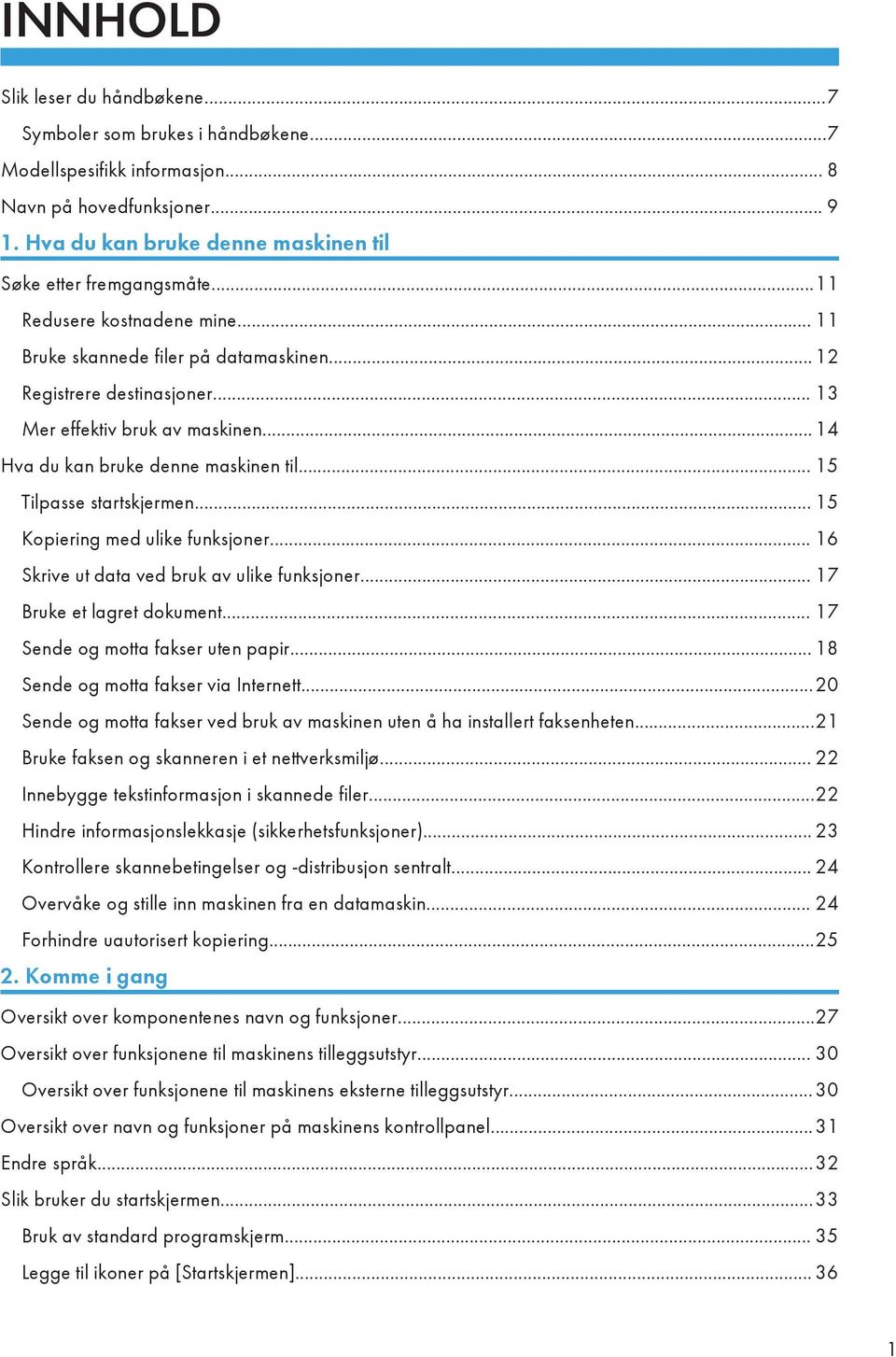 .. 15 Tilpasse startskjermen... 15 Kopiering med ulike funksjoner... 16 Skrive ut data ved bruk av ulike funksjoner... 17 Bruke et lagret dokument... 17 Sende og motta fakser uten papir.