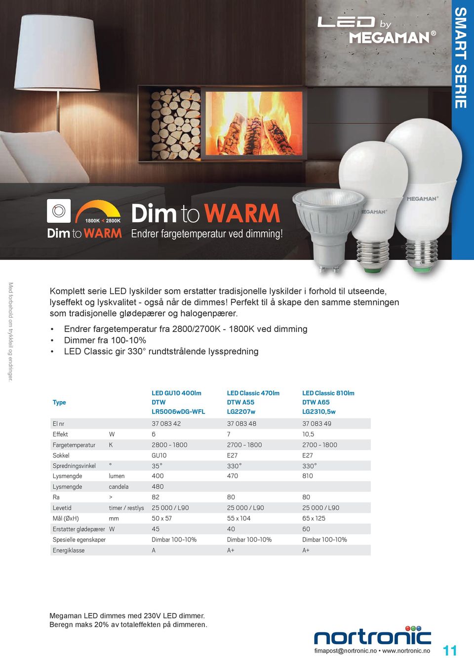 Endrer fargetemperatur fra 2800/2700K - 1800K ved dimming Dimmer fra 100-10% LED Classic gir 330 rundtstrålende lysspredning LED GU10 400lm DTW LR5006wDG-WFL LED Classic 470lm DTW A55 LG2207w LED