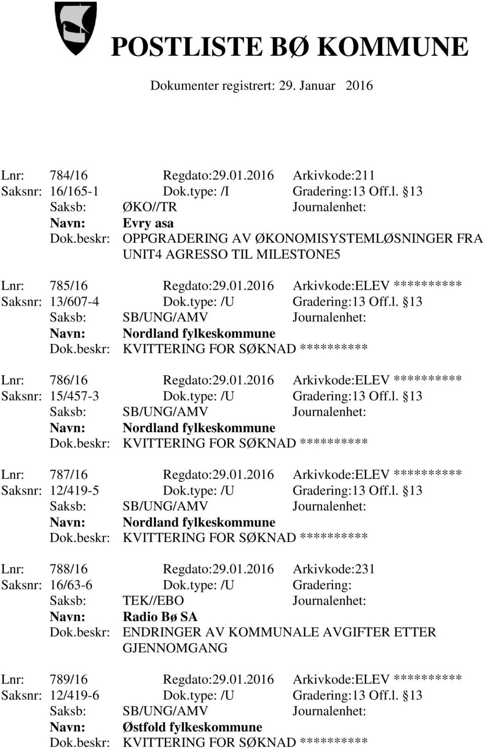 13 Lnr: 786/16 Regdato:29.01.2016 Arkivkode:ELEV Saksnr: 15/457-3 Dok.type: /U Gradering:13 Off.l. 13 Lnr: 787/16 Regdato:29.01.2016 Arkivkode:ELEV Saksnr: 12/419-5 Dok.type: /U Gradering:13 Off.l. 13 Lnr: 788/16 Regdato:29.