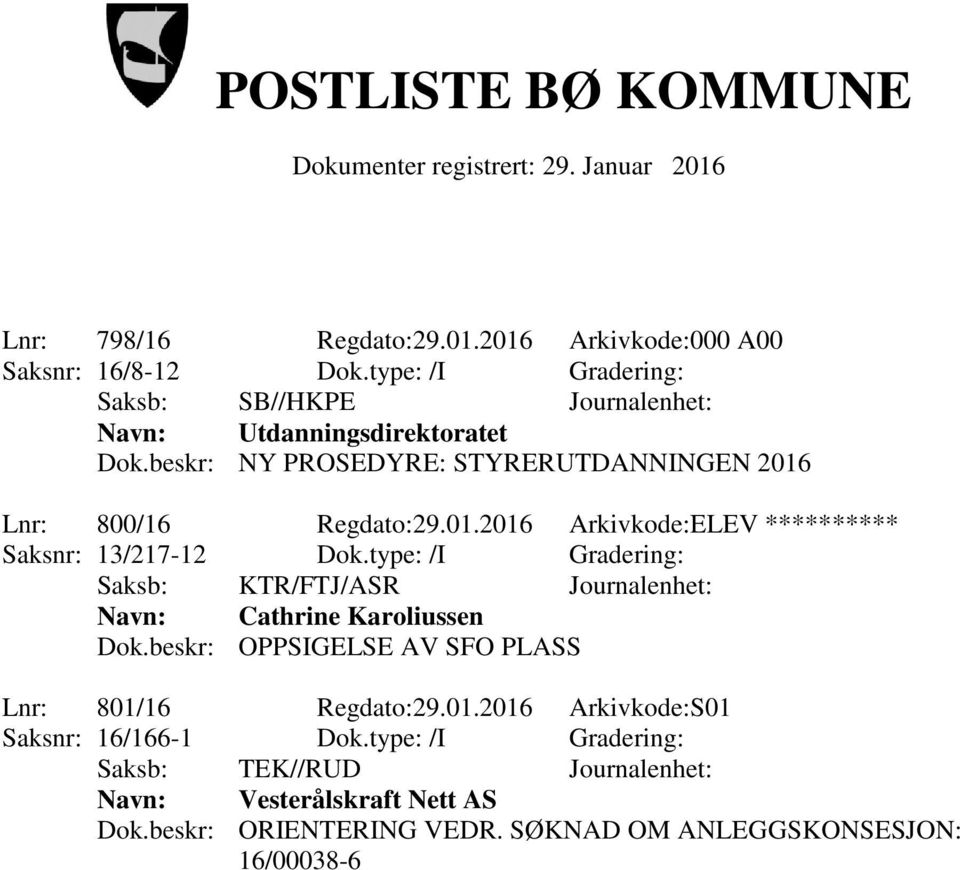 type: /I Gradering: Saksb: KTR/FTJ/ASR Journalenhet: Navn: Cathrine Karoliussen Dok.beskr: OPPSIGELSE AV SFO PLASS Lnr: 801/