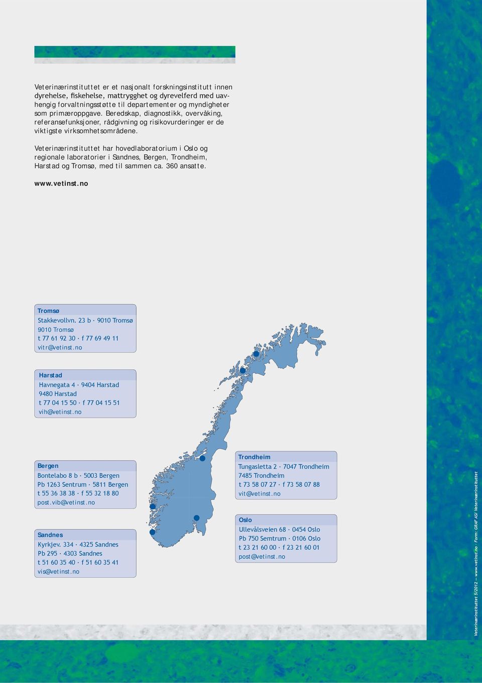 Veterinærinstituttet har hovedlaboratorium i Oslo og regionale laboratorier i Sandnes, Bergen, Trondheim, Harstad og Tromsø, med til sammen ca.