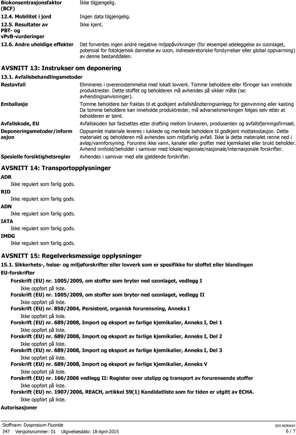 global oppvarming) av denne bestanddelen. AVSNITT 13