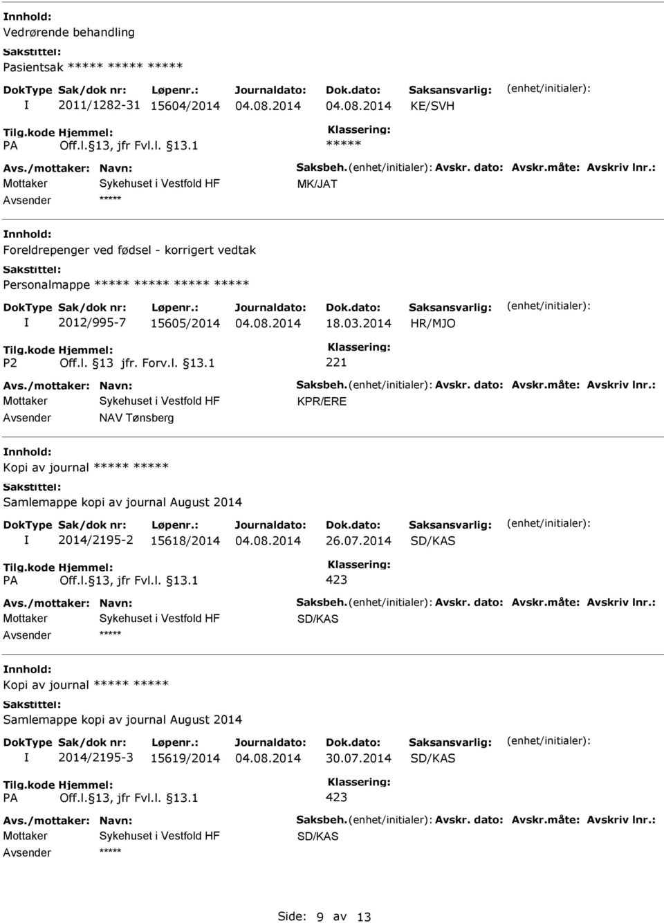 2014 Mottaker KPR/ERE NAV Tønsberg Kopi av journal Samlemappe kopi av journal August 2014 2014/2195-2