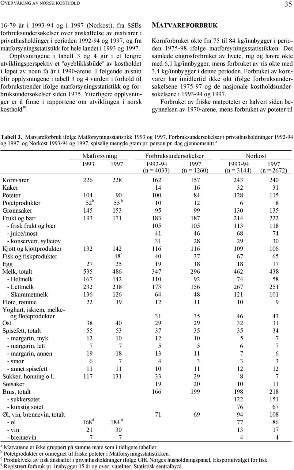 I følgende avsnitt blir opplysningene i tabell 3 og 4 vurdert i forhold til forbrukstrender ifølge matforsyningsstatistikk og forbruksundersøkelser siden 1975.