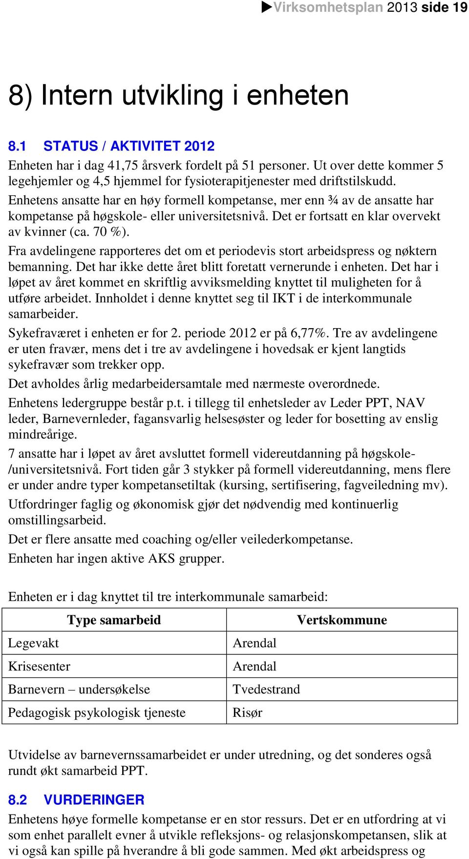 Enhetens ansatte har en høy formell kompetanse, mer enn ¾ av de ansatte har kompetanse på høgskole- eller universitetsnivå. Det er fortsatt en klar overvekt av kvinner (ca. 70 %).