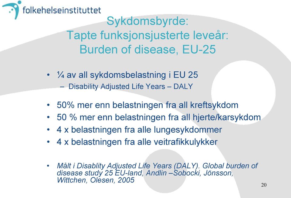 hjerte/karsykdom 4 x belastningen fra alle lungesykdommer 4 x belastningen fra alle veitrafikkulykker Målt i