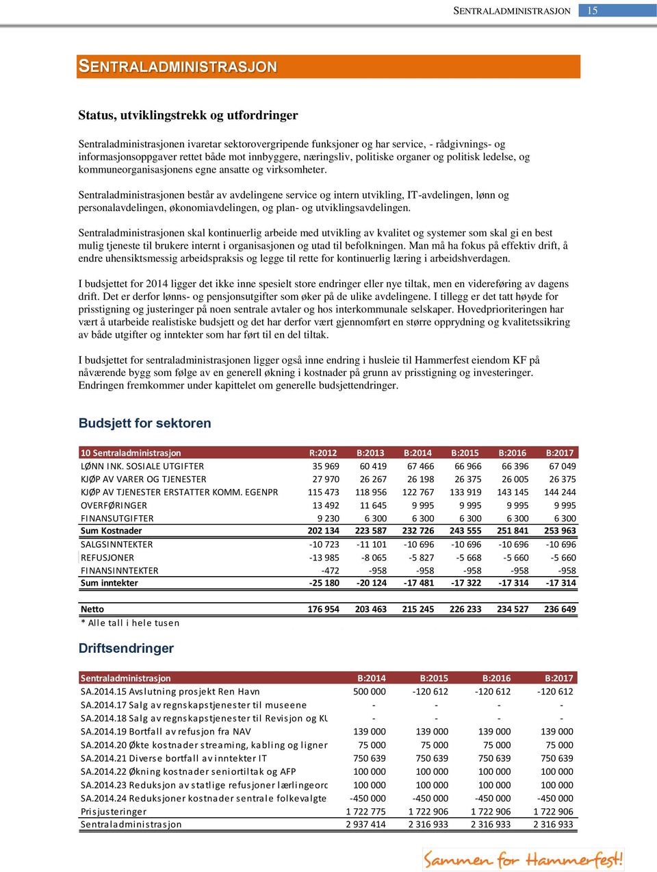 Sentraladministrasjonen består av avdelingene service og intern utvikling, IT-avdelingen, lønn og personalavdelingen, økonomiavdelingen, og plan- og utviklingsavdelingen.