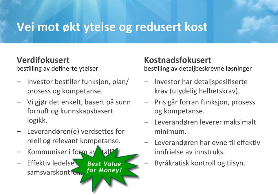 - EffekTv ledelse og samsvarskontroll. Kostnadsfokusert bestlling av detaljbeskrevne løsninger - Investor har detaljspesifiserte krav (utydelig helhetskrav).