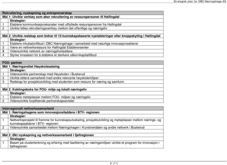 Etablere inkubatortilbud i DBC Næringshage i samarbeid med naturlige innovasjonsaktører 2 Være en nettverksressurs for Hallingdal Etablerersenter 3 Videreutvikle nettverk av næringslivsfaddere 4
