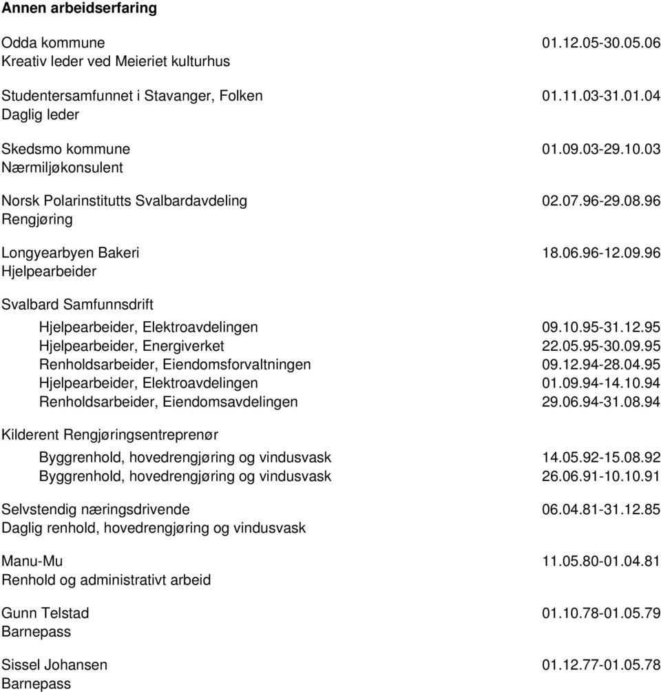 96 Hjelpearbeider Svalbard Samfunnsdrift Hjelpearbeider, Elektroavdelingen 09.10.95-31.12.95 Hjelpearbeider, Energiverket 22.05.95-30.09.95 Renholdsarbeider, Eiendomsforvaltningen 09.12.94-28.04.