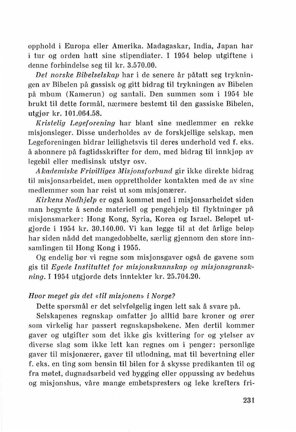 Den summen som i 1954 ble brulit ti1 dette formb1, nacrinere bestemt ti1 den gassi'ske Bibelen, utgjer kr. 101.064.58. Iiristelig Legeforening har blant sine inedlemmer en rekke misjonsleger.