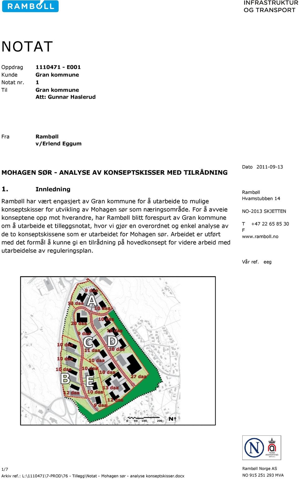 For å ave konseptene opp mot hverandre, har Rambøll blitt forespurt av Gran kommune om å utarbeide et tilleggsnotat, hvor vi gjør en overordnet og enkel analyse av de to konseptskissene som er