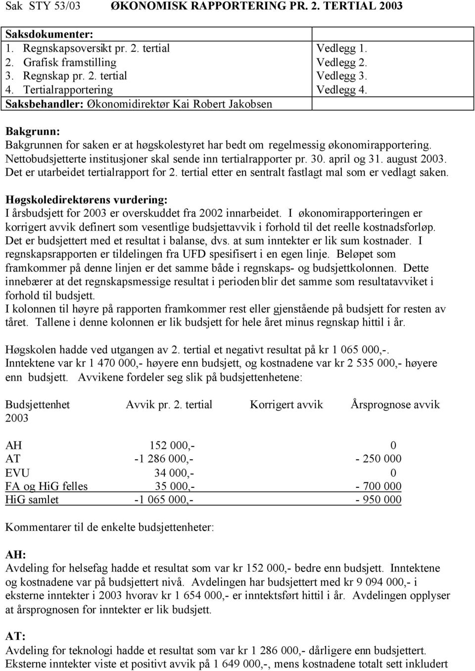 Bakgrunn: Bakgrunnen for saken er at høgskolestyret har bedt om regelmessig økonomirapportering. Nettobudsjetterte institusjoner skal sende inn tertialrapporter pr. 30. april og 31. august 2003.