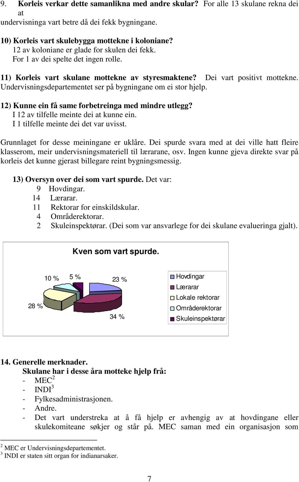 Undervisningsdepartementet ser på bygningane om ei stor hjelp. 12) Kunne ein få same forbetreinga med mindre utlegg? I 12 av tilfelle meinte dei at kunne ein. I 1 tilfelle meinte dei det var uvisst.