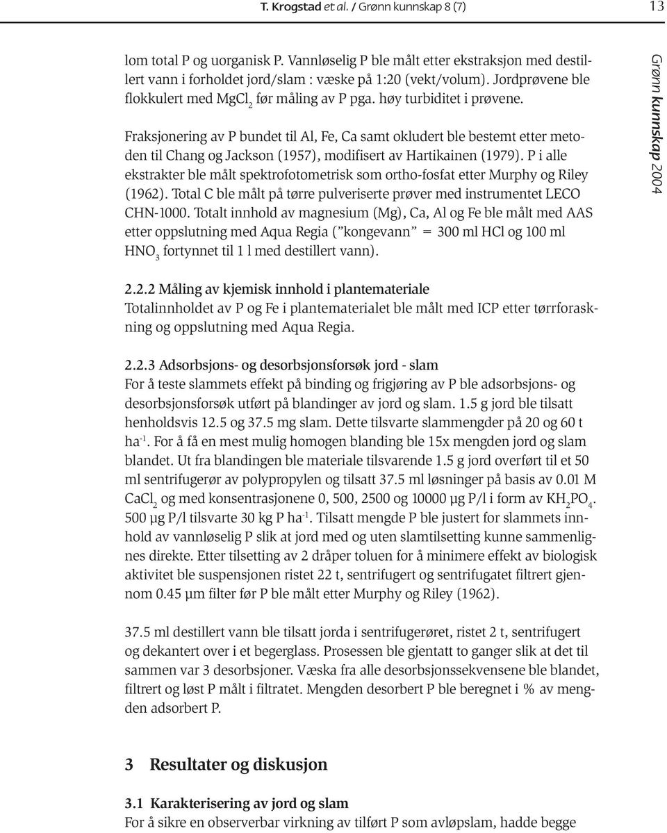 Fraksjonering av P bundet til Al, Fe, Ca samt okludert ble bestemt etter metoden til Chang og Jackson (1957), modifisert av Hartikainen (1979).