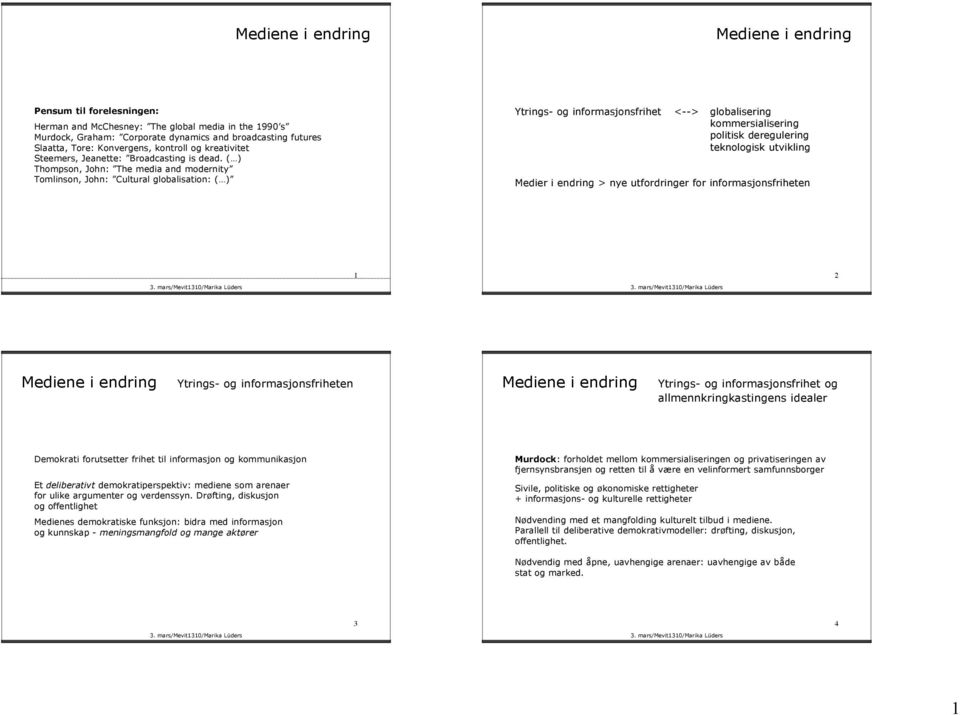 ( ) Thompson, John: The media and modernity Tomlinson, John: Cultural globalisation: ( ) Ytrings- og informasjonsfrihet <--> globalisering kommersialisering politisk deregulering teknologisk