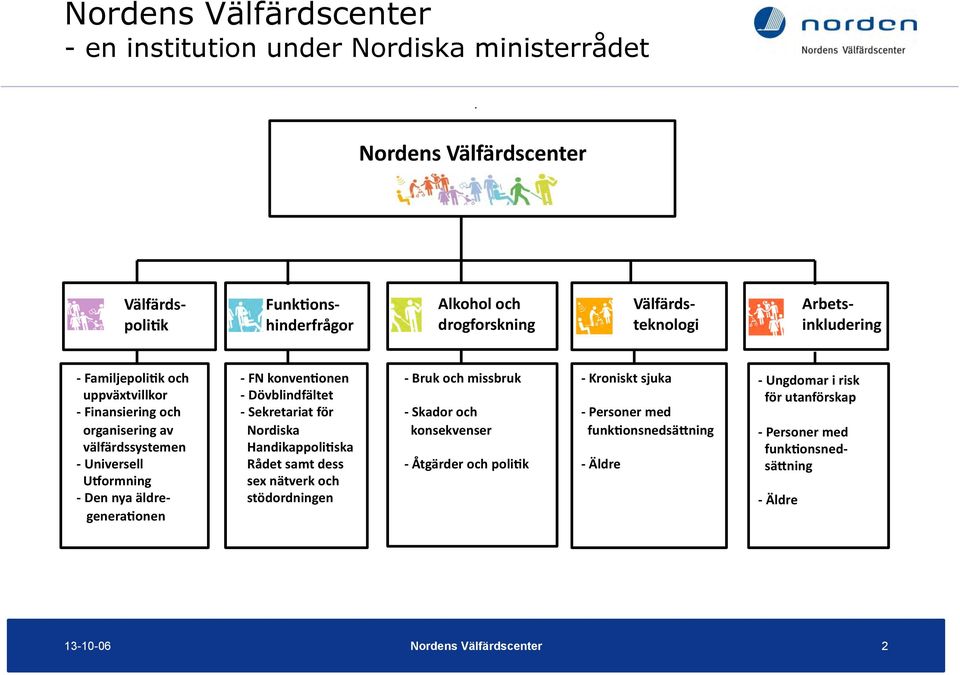 Finansiering och organisering av välfärdssystemen - Universell UJormning - Den nya äldre- genera9onen - FN konven9onen - Dövblindfältet - Sekretariat för Nordiska