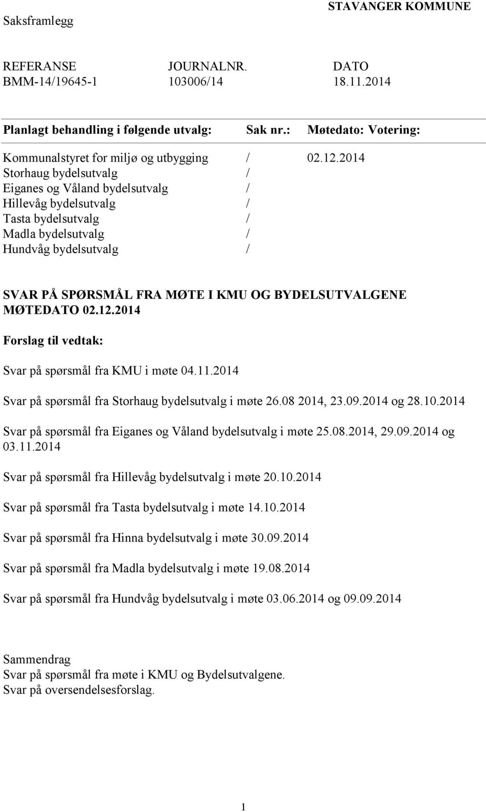 2014 Storhaug bydelsutvalg / Eiganes og Våland bydelsutvalg / Hillevåg bydelsutvalg / Tasta bydelsutvalg / Madla bydelsutvalg / Hundvåg bydelsutvalg / SVAR PÅ SPØRSMÅL FRA MØTE I KMU OG