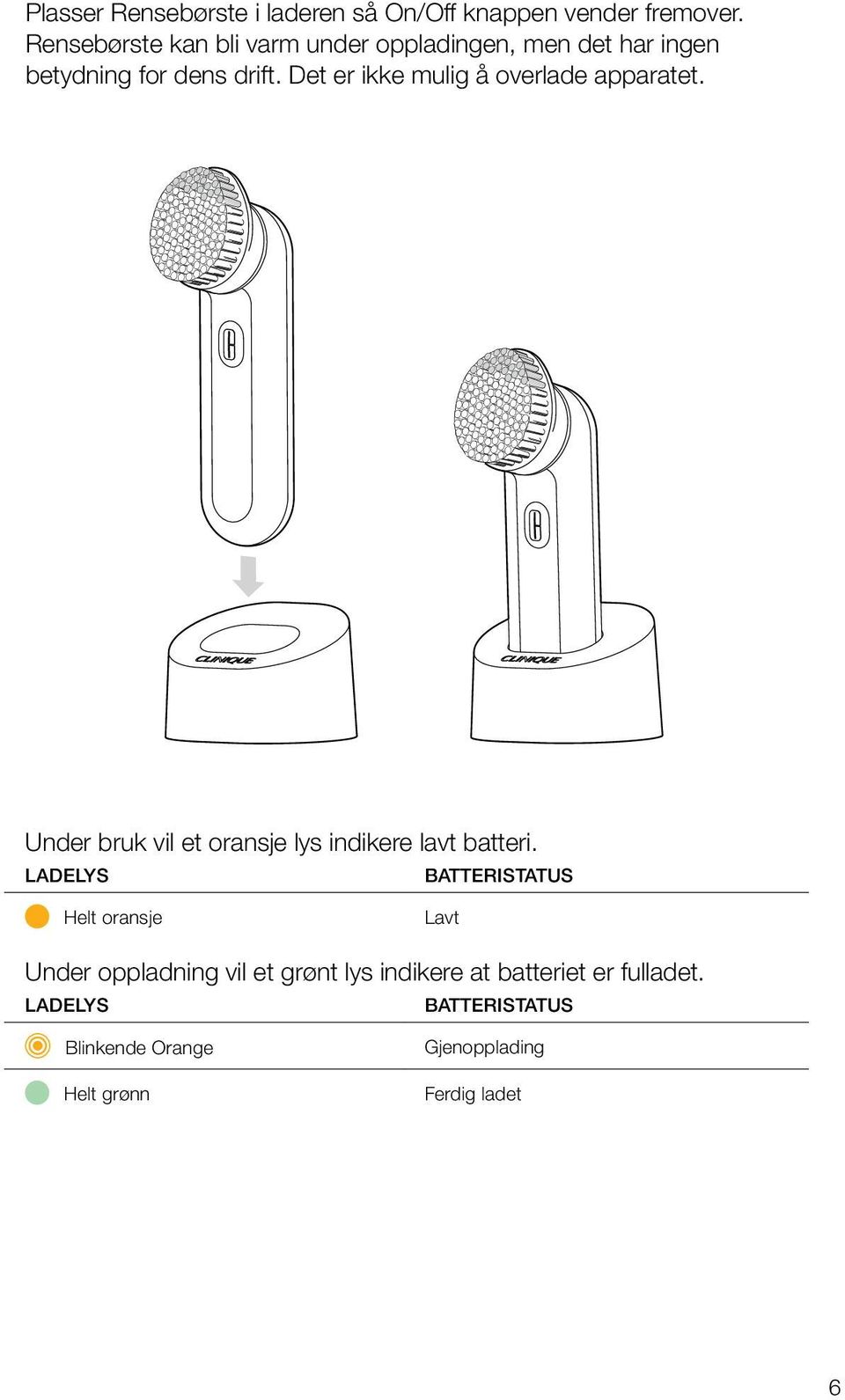 Det er ikke mulig å overlade apparatet. Under bruk vil et oransje lys indikere lavt batteri.