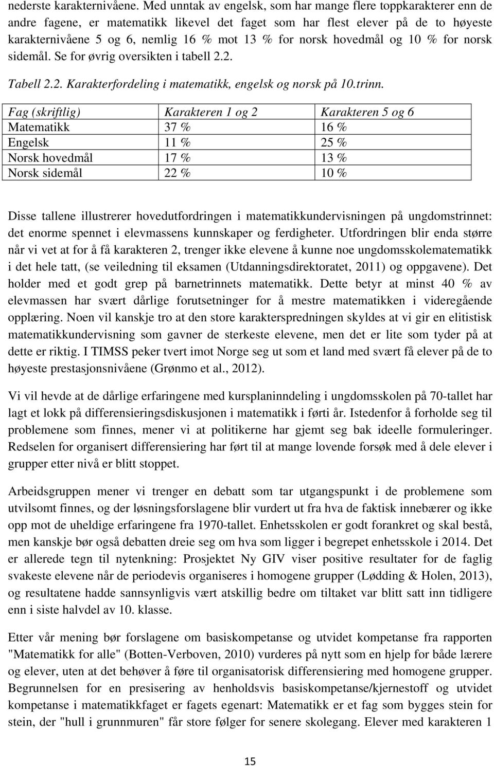 norsk hovedmål og 10 % for norsk sidemål. Se for øvrig oversikten i tabell 2.2. Tabell 2.2. Karakterfordeling i matematikk, engelsk og norsk på 10.trinn.