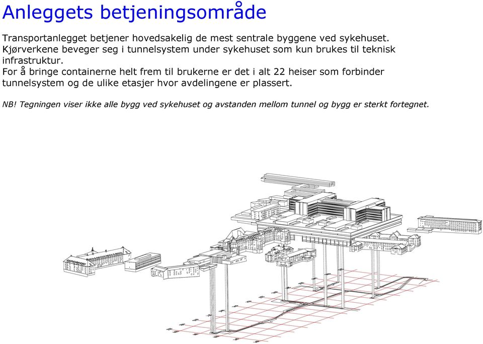 For å bringe containerne helt frem til brukerne er det i alt 22 heiser som forbinder tunnelsystem og de ulike