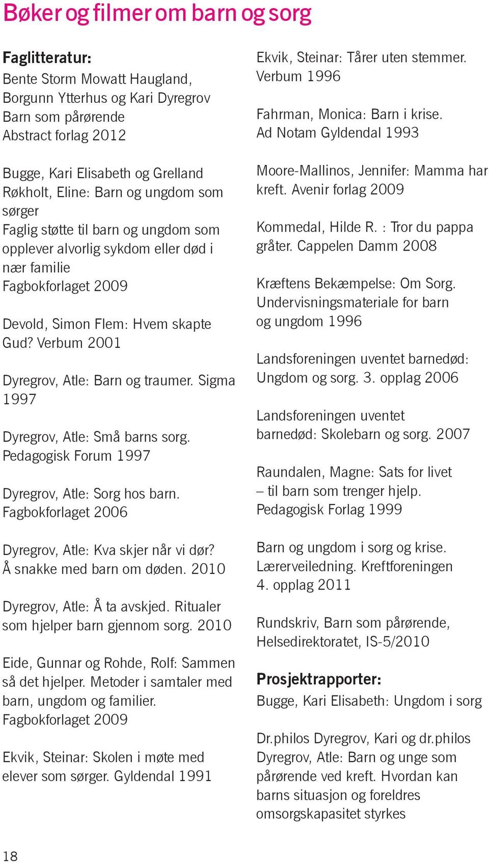 Verbum 2001 Dyregrov, Atle: Barn og traumer. Sigma 1997 Dyregrov, Atle: Små barns sorg. Pedagogisk Forum 1997 Dyregrov, Atle: Sorg hos barn. Fagbokforlaget 2006 Dyregrov, Atle: Kva skjer når vi dør?