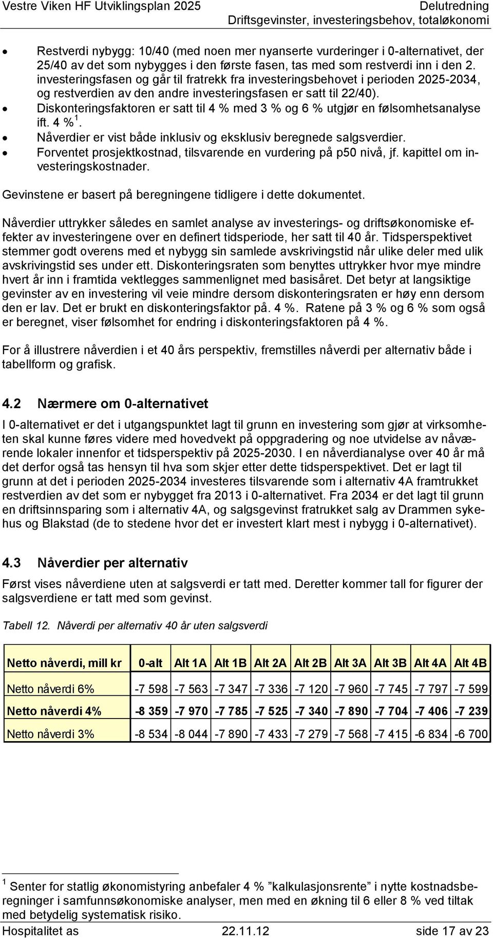 Diskonteringsfaktoren er satt til 4 % med 3 % og 6 % utgjør en følsomhetsanalyse ift. 4 % 1. Nåverdier er vist både inklusiv og eksklusiv beregnede salgsverdier.