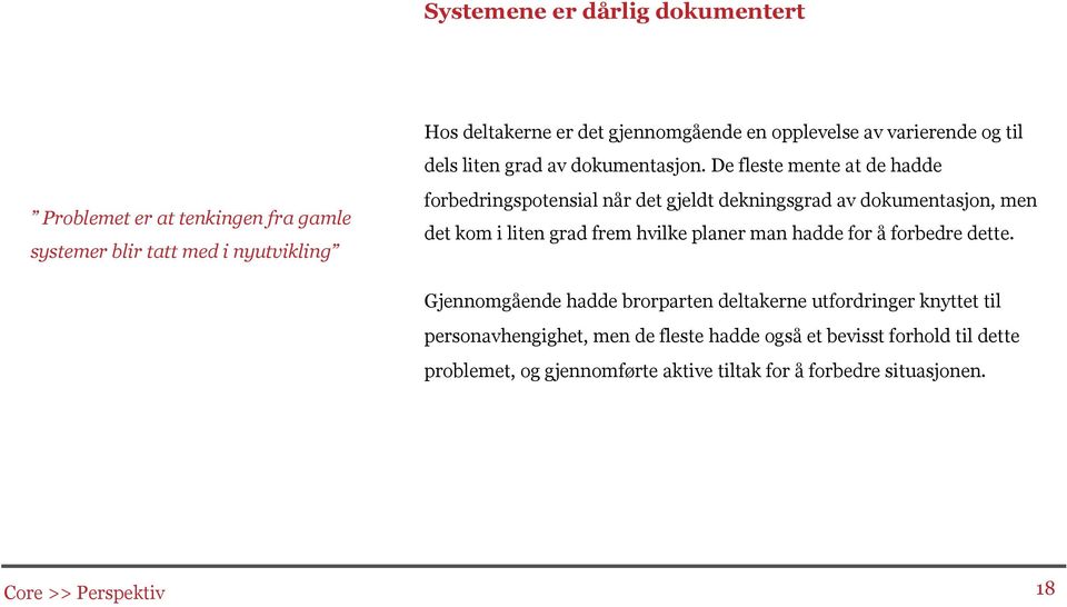 De fleste mente at de hadde forbedringspotensial når det gjeldt dekningsgrad av dokumentasjon, men det kom i liten grad frem hvilke planer man hadde for