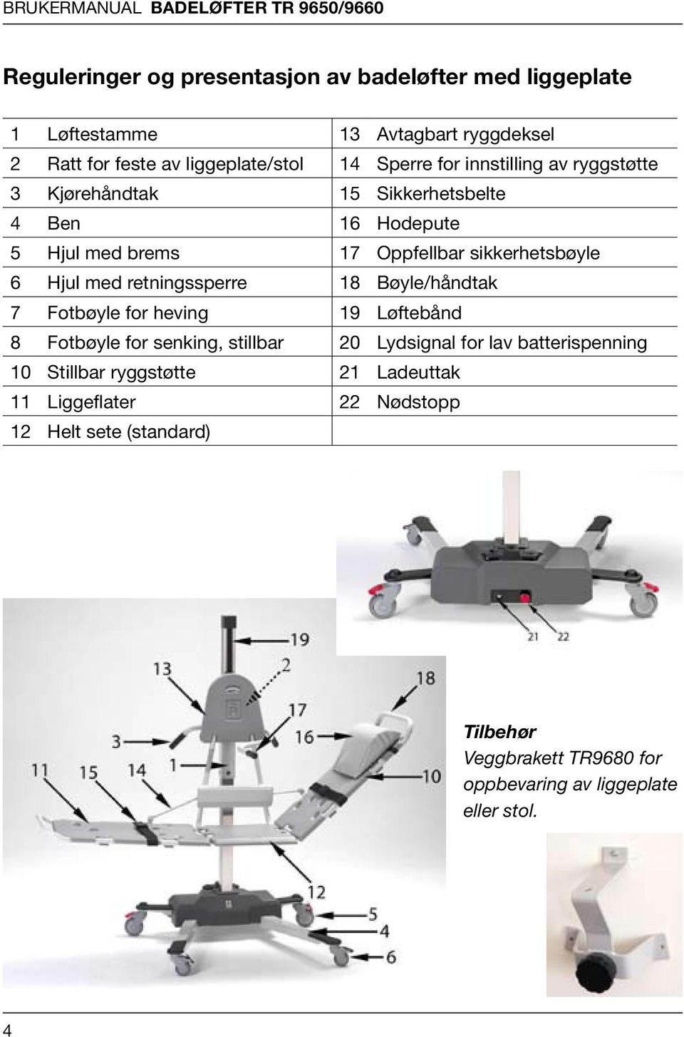 ryggstøtte 16 Hodepute 3 Kjørehåndtak 15 Sikkerhetsbelte ed brems 17 Oppfellbar sikkerhetsbøyle ed retningssperre 4 Ben 18 16Bøyle/håndtak Hodepute le for heving 5 Hjul med brems 19 17Løftebånd
