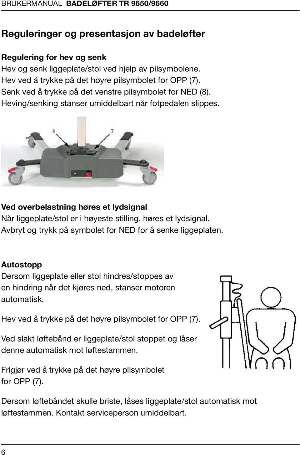 av badeløfter umidn av badeløfter TR 9650/9660 Regulering for hev og senk Hev og senk liggeplate/stol ved hjelp av pilsymbolene. ). ppes. al. aten. ring ).