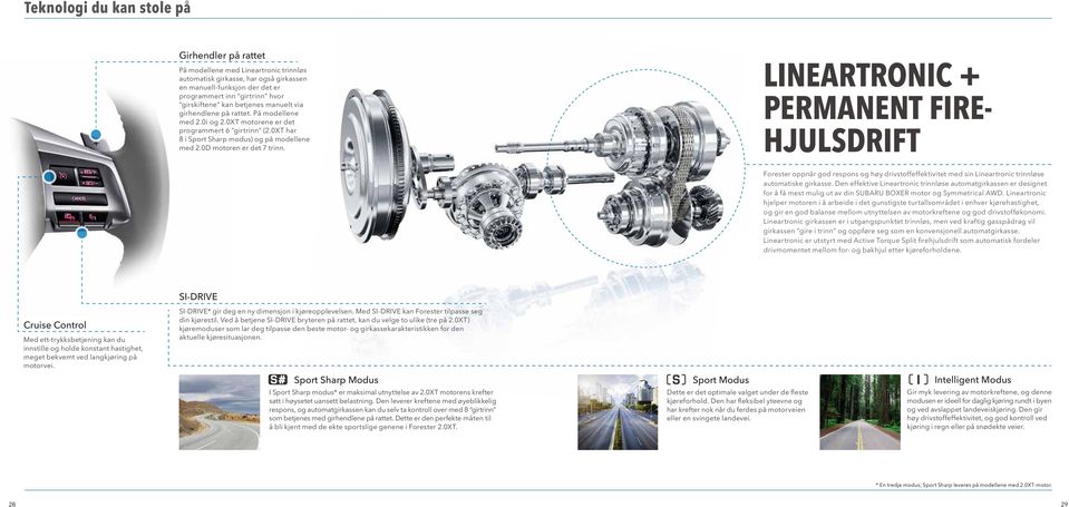 LINEARTRONIC + PERMANENT FIRE- HJULSDRIFT Forester oppnår god respons og høy drivstoffeffektivitet med sin Lineartronic trinnløse automatiske girkasse.