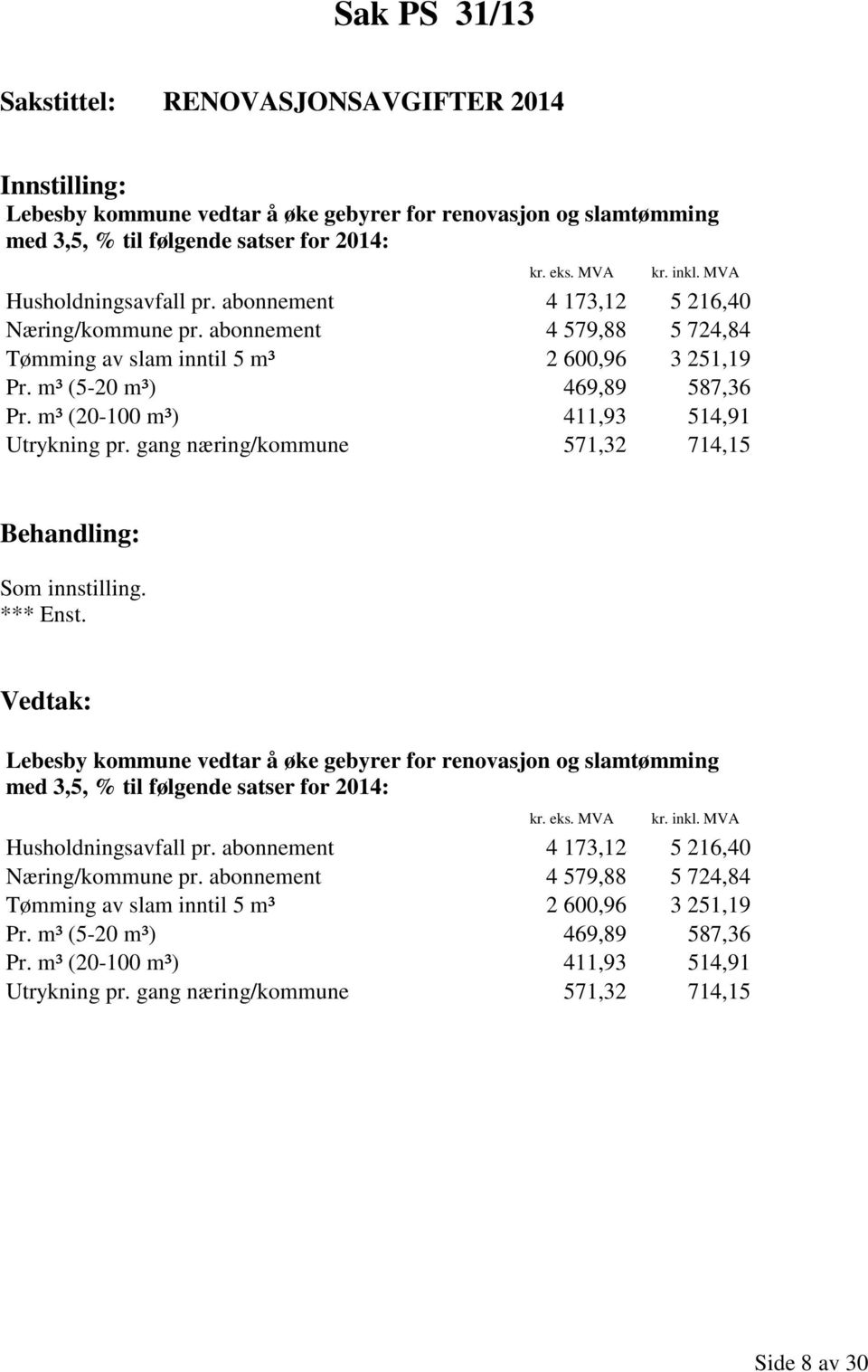 m³ (20-100 m³) 411,93 514,91 Utrykning pr. gang næring/kommune 571,32 714,15 Lebesby kommune vedtar å øke gebyrer for renovasjon og slamtømming med 3,5, % til følgende satser for 2014: kr. eks.