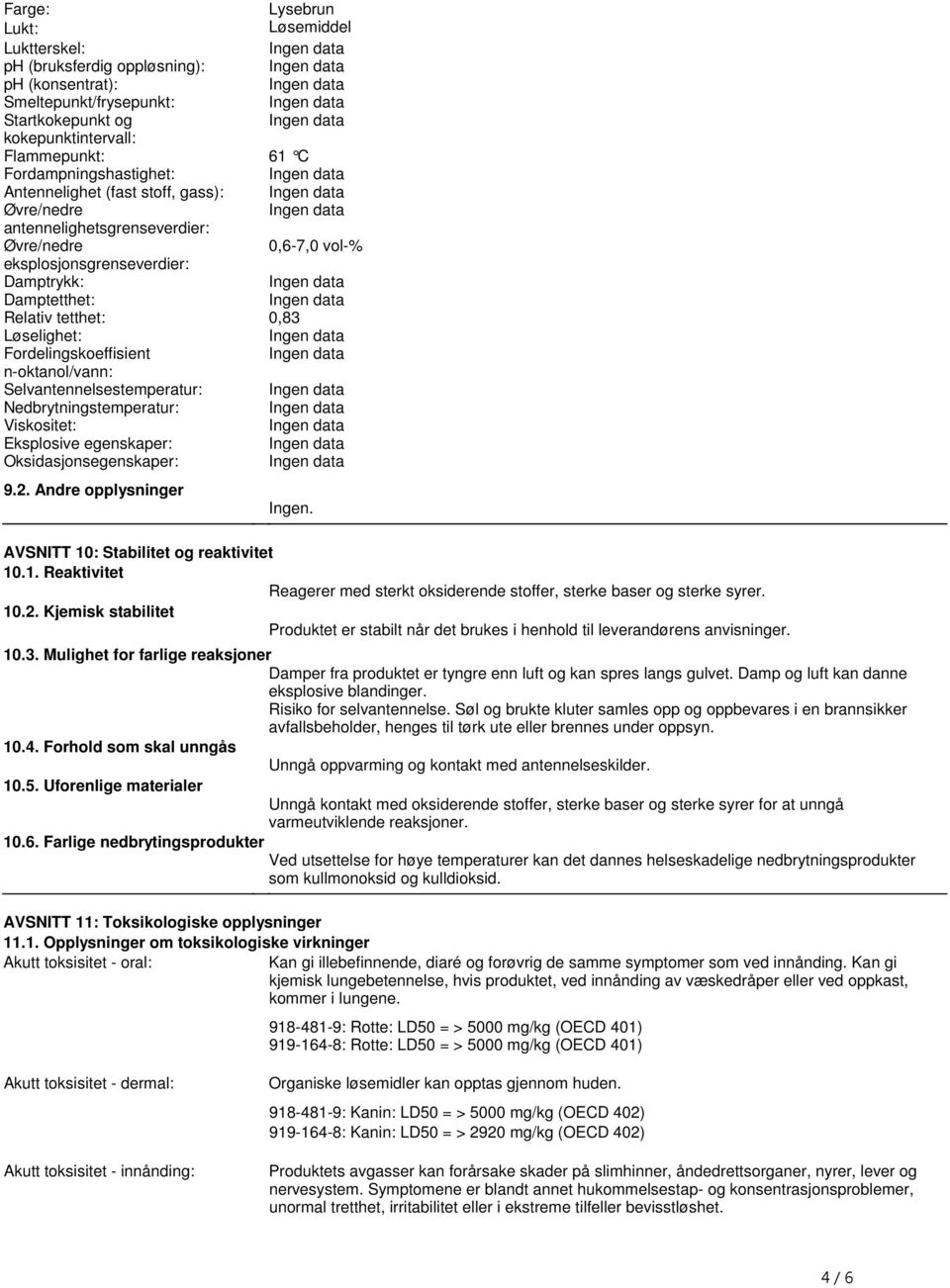 Fordelingskoeffisient noktanol/vann: Selvantennelsestemperatur: Nedbrytningstemperatur: Viskositet: Eksplosive egenskaper: Oksidasjonsegenskaper: 92 Andre opplysninger Ingen AVSNITT 10: Stabilitet og