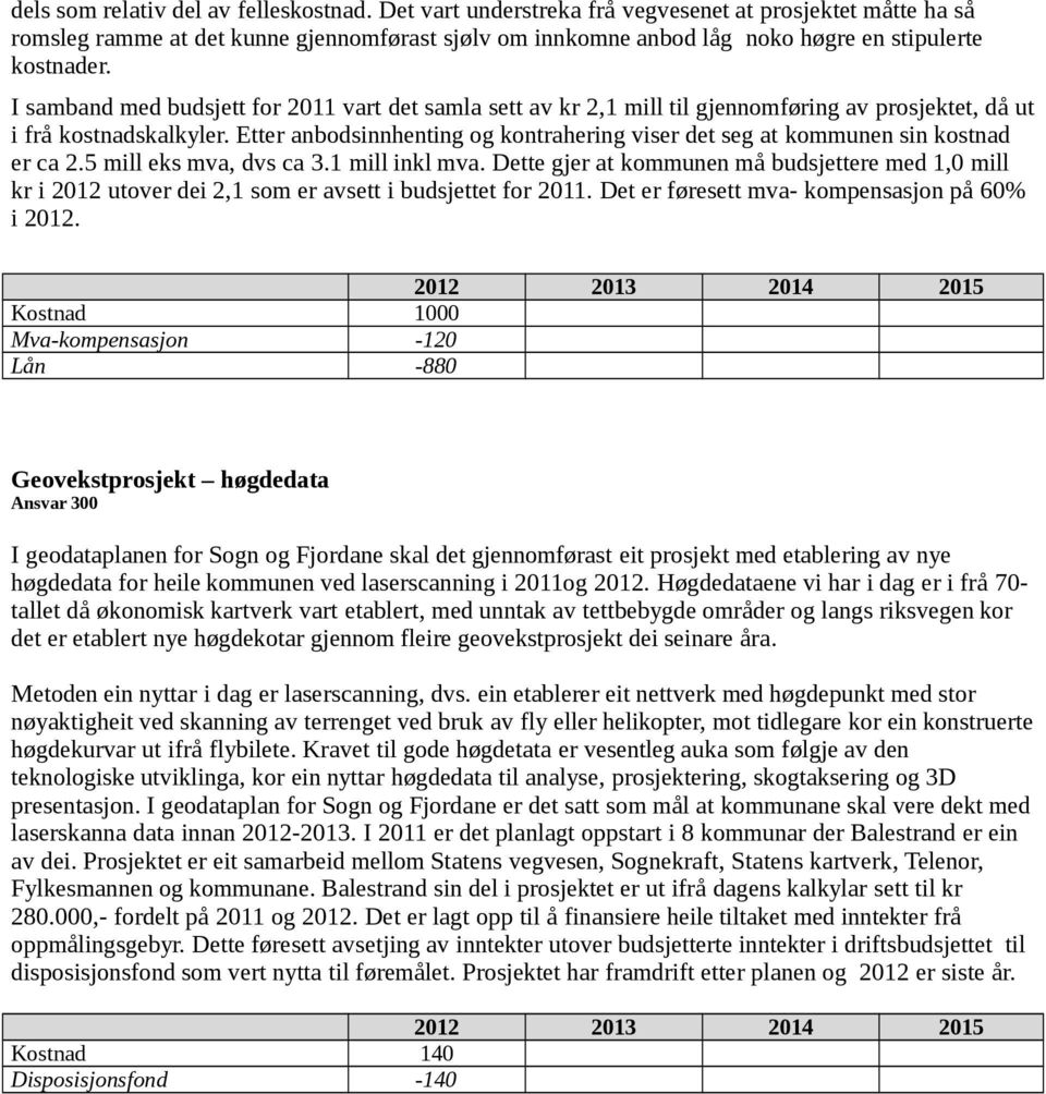 I samband med budsjett for 2011 vart det samla sett av kr 2,1 mill til gjennomføring av prosjektet, då ut i frå kostnadskalkyler.