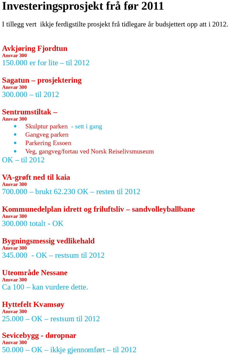 000 til 2012 Sentrumstiltak Skulptur parken - sett i gang Gangveg parken Parkering Essoen Veg, gangveg/fortau ved Norsk Reiselivsmuseum OK til 2012 VA-grøft ned til kaia