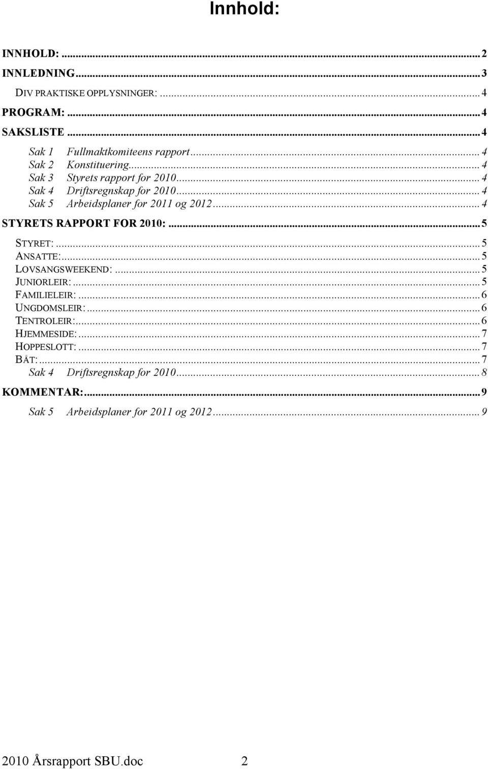 ..4 Arbeidsplaner for 2011 og 2012...4 STYRETS RAPPORT FOR 2010:...5 STYRET:...5 ANSATTE:...5 LOVSANGSWEEKEND:...5 JUNIORLEIR:.