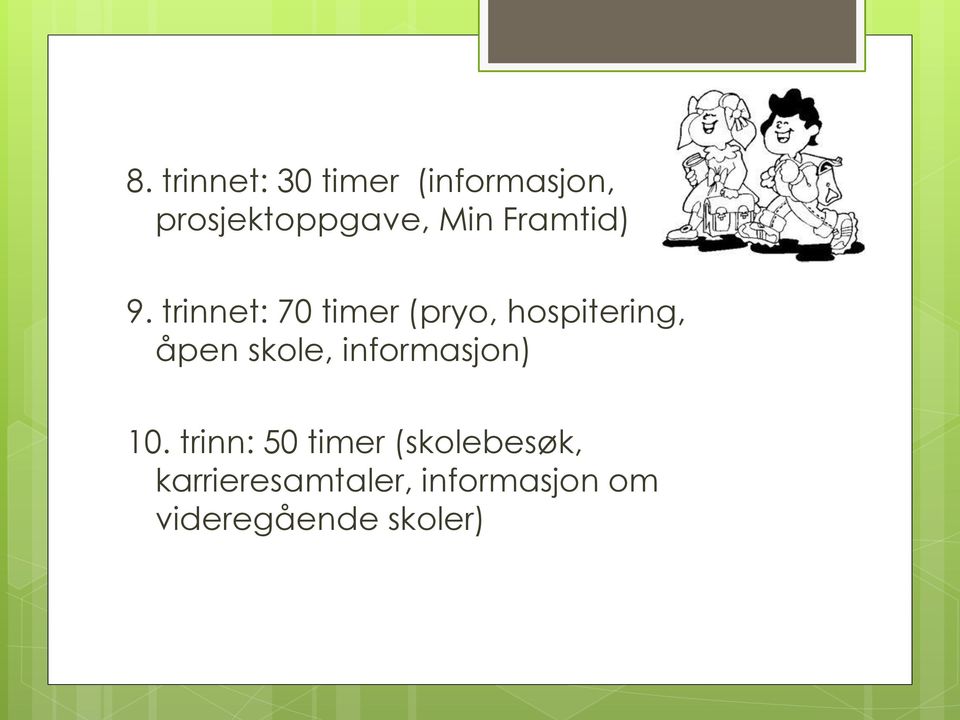 trinnet: 70 timer (pryo, hospitering, åpen skole,