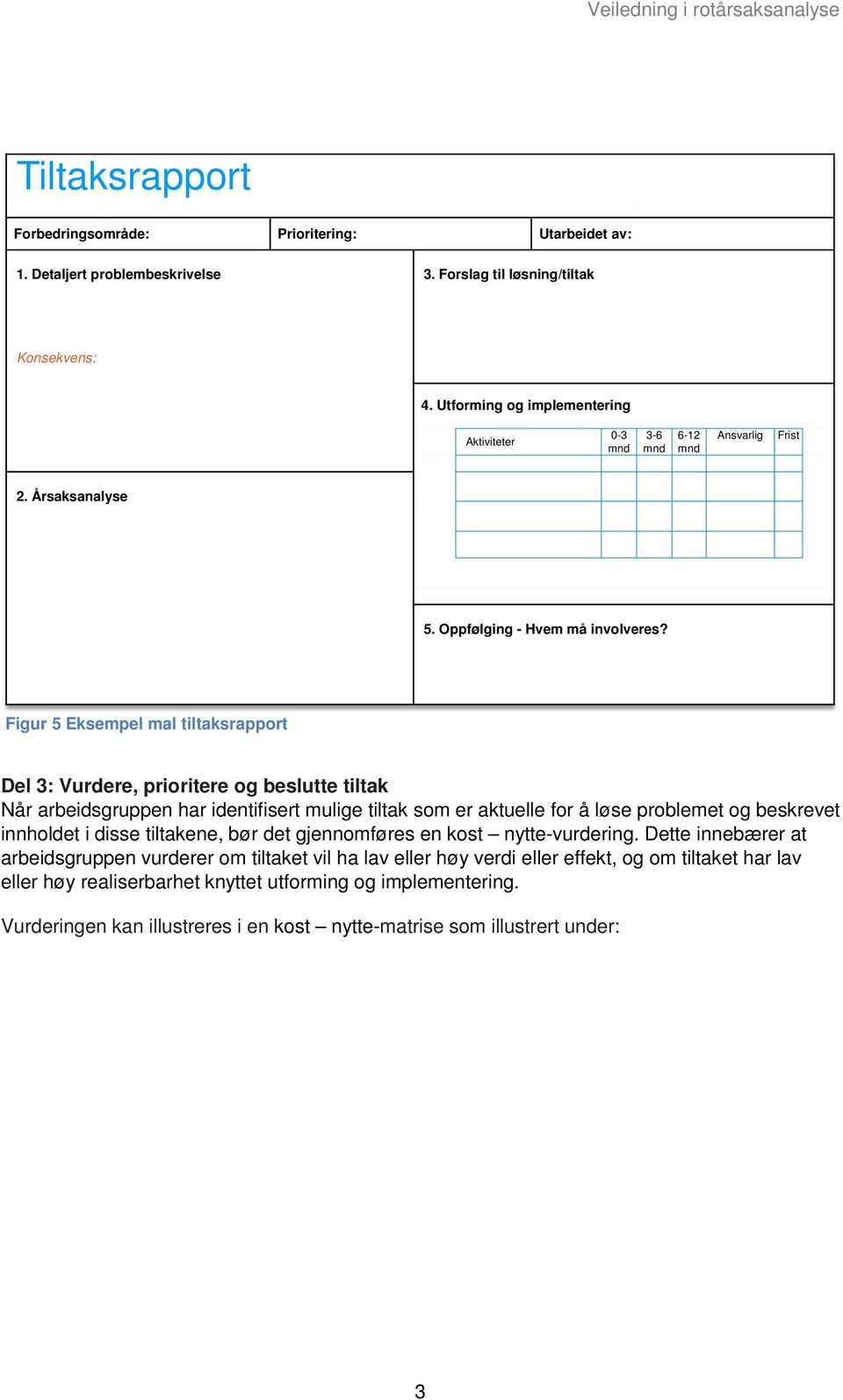 Figur 5 Eksempel mal tiltaksrapport Del 3: Vurdere, prioritere og beslutte tiltak Når arbeidsgruppen har identifisert mulige tiltak som er aktuelle for å løse problemet og beskrevet innholdet i