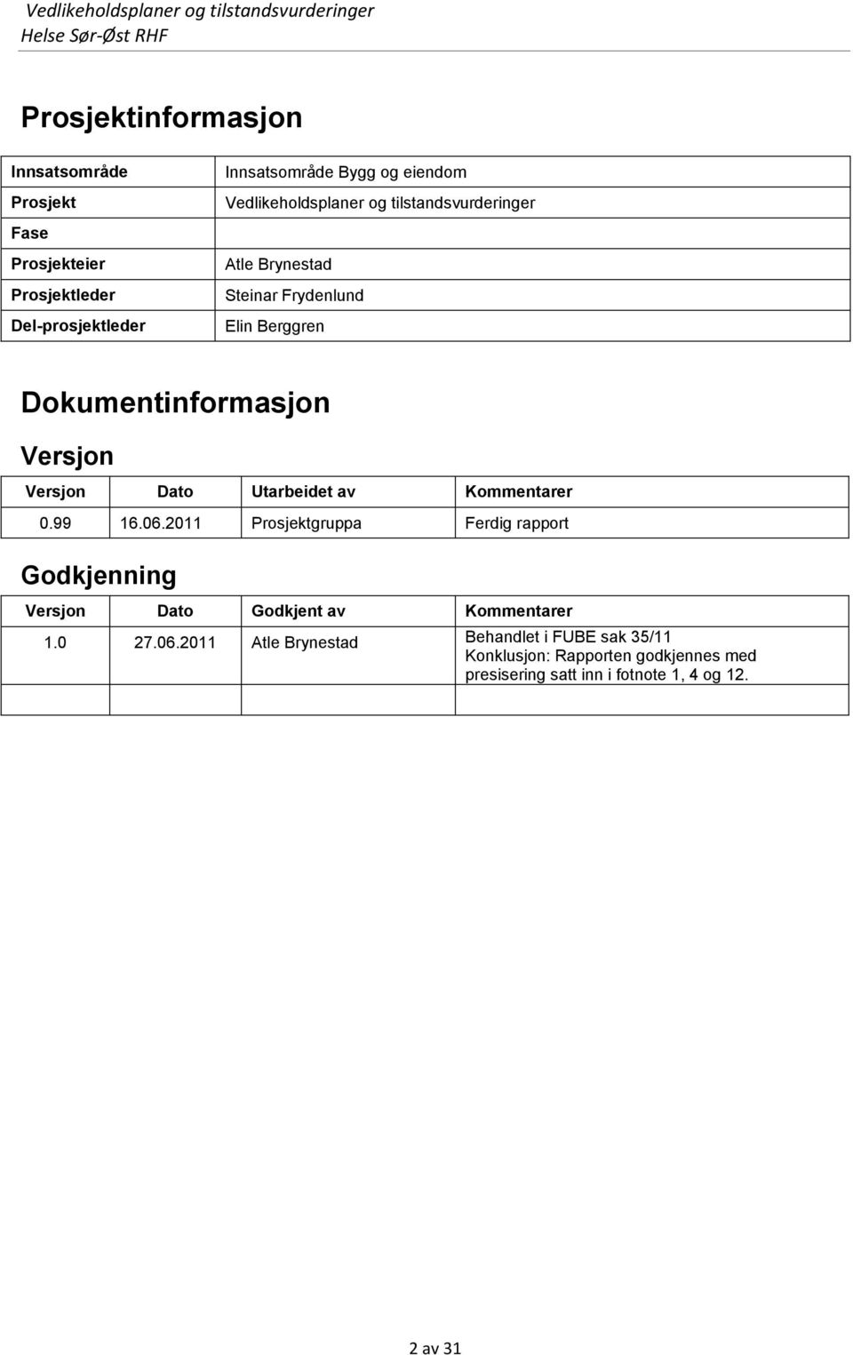 Dato Utarbeidet av Kommentarer 0.99 16.06.2011 Prosjektgruppa Ferdig rapport Godkjenning Versjon Dato Godkjent av Kommentarer 1.