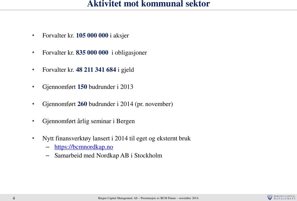 48 211 341 684 i gjeld Gjennomført 150 budrunder i 2013 Gjennomført 260 budrunder i 2014 (pr.