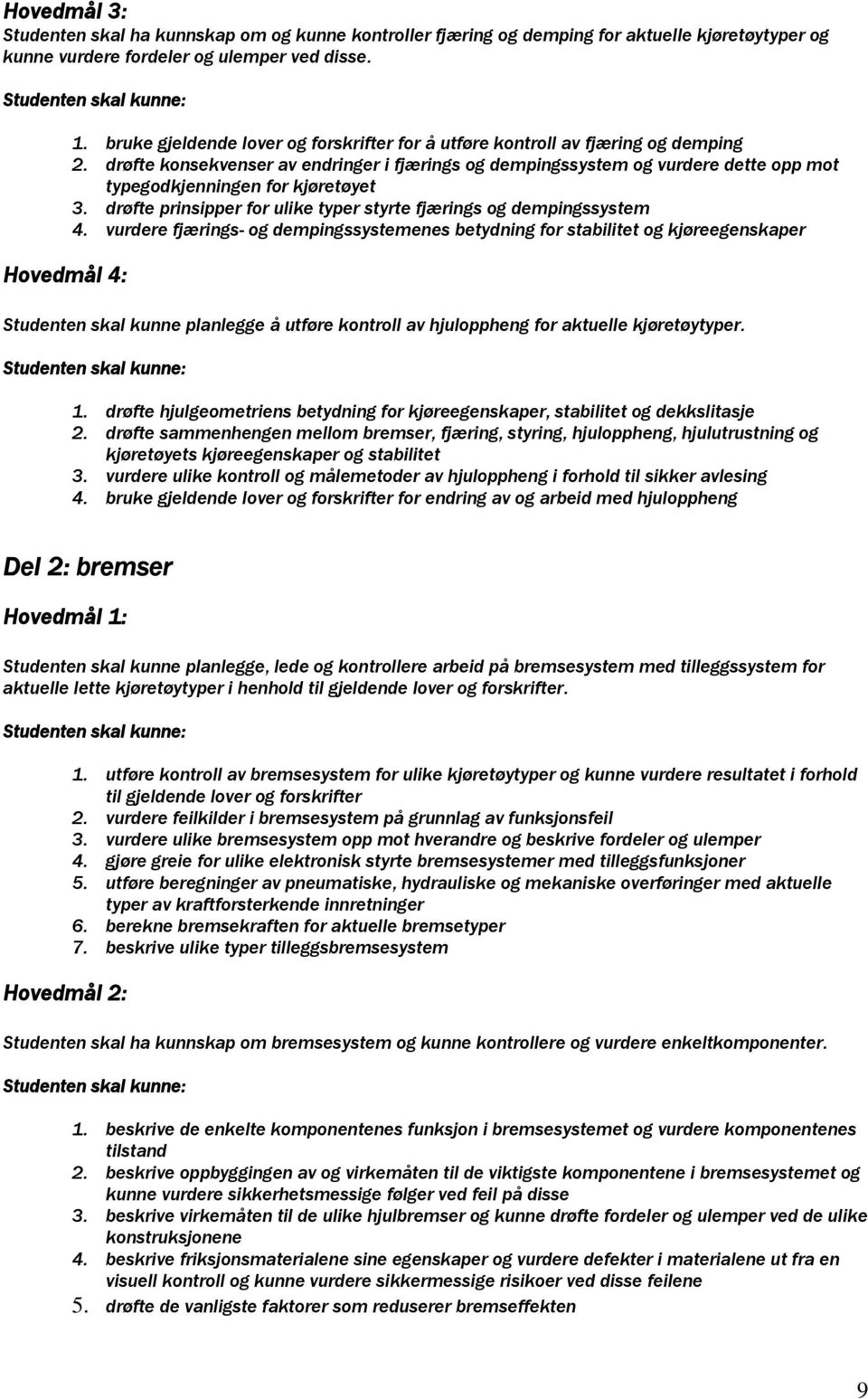 drøfte konsekvenser av endringer i fjærings og dempingssystem og vurdere dette opp mot typegodkjenningen for kjøretøyet 3. drøfte prinsipper for ulike typer styrte fjærings og dempingssystem 4.