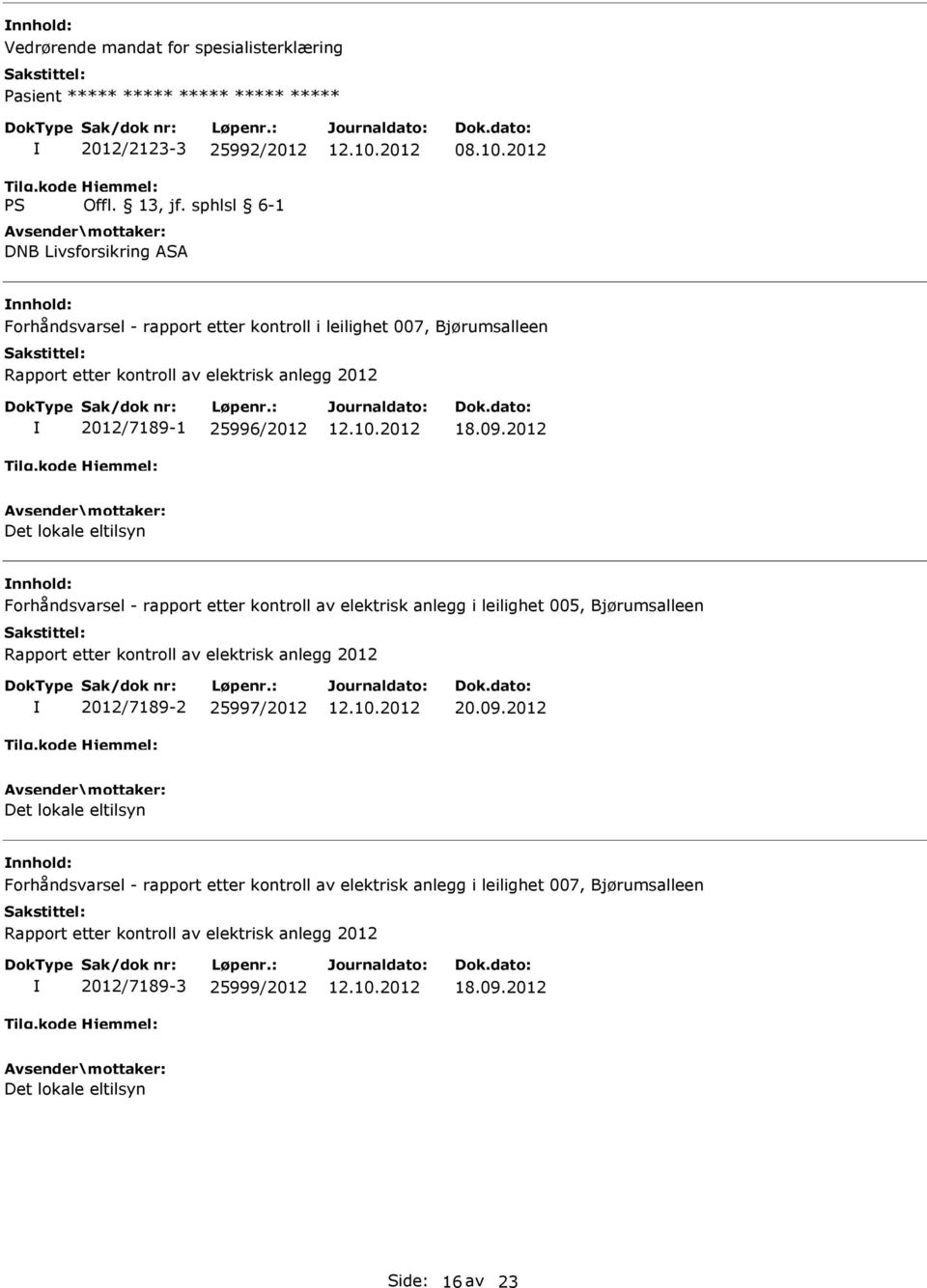 2012 Det lokale eltilsyn Forhåndsvarsel - rapport etter kontroll av elektrisk anlegg i leilighet 005, Bjørumsalleen Rapport etter kontroll av elektrisk anlegg 2012 2012/7189-2