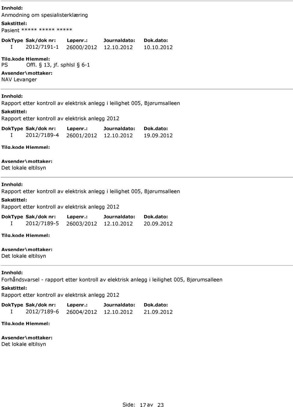 2012 Det lokale eltilsyn Rapport etter kontroll av elektrisk anlegg i leilighet 005, Bjørumsalleen Rapport etter kontroll av elektrisk anlegg 2012 2012/7189-5