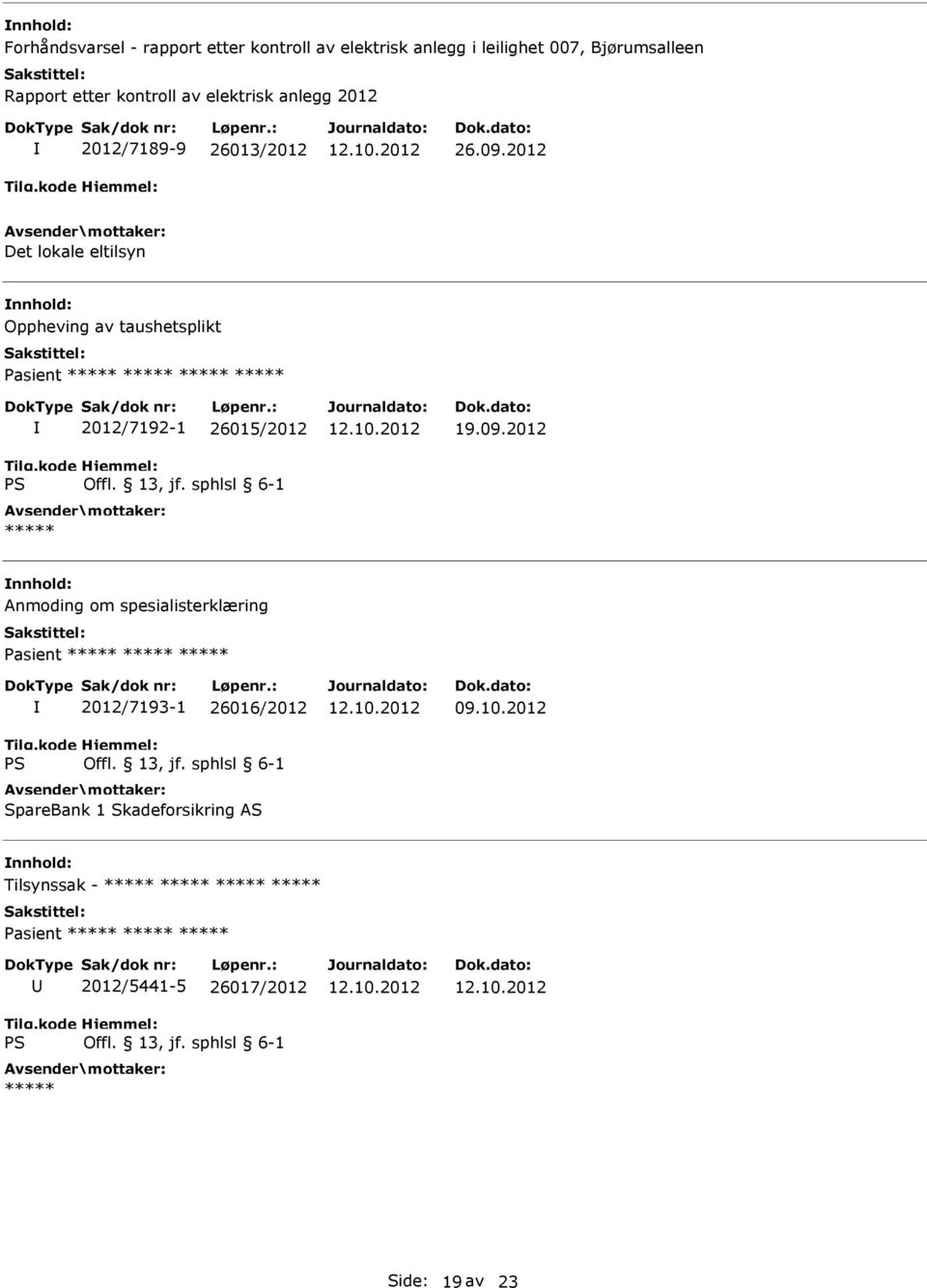 2012 Det lokale eltilsyn Oppheving av taushetsplikt Pasient ***** ***** ***** ***** 2012/7192-1 26015/2012 ***** 19.09.