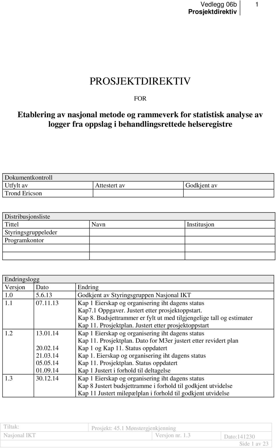 13 Kap 1 Eierskap og organisering iht dagens status Kap7.1 Oppgaver. Justert etter prosjektoppstart. Kap 8. Budsjettrammer er fylt ut med tilgjengelige tall og estimater Kap 11. Prosjektplan.