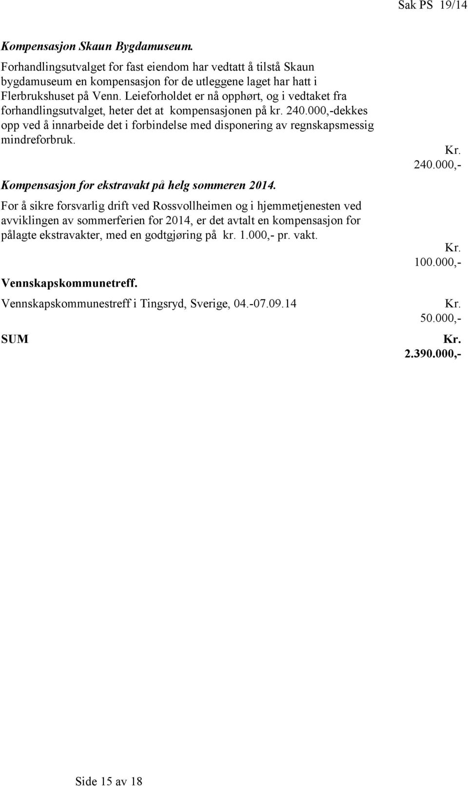 000,-dekkes opp ved å innarbeide det i forbindelse med disponering av regnskapsmessig mindreforbruk. Kompensasjon for ekstravakt på helg sommeren 2014.