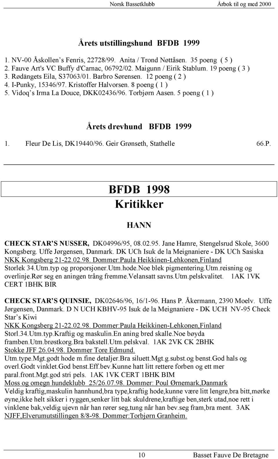 5 poeng ( 1 ) Årets drevhund BFDB 1999 1. Fleur De Lis, DK19440/96. Geir Grønseth, Stathelle 66.P. BFDB 1998 Kritikker HANN CHECK STAR S NUSSER, DK04996/95,