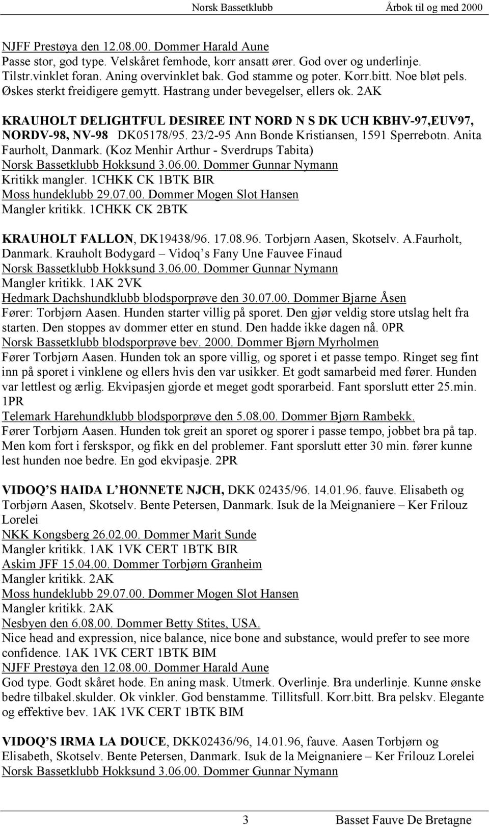 23/2-95 Ann Bonde Kristiansen, 1591 Sperrebotn. Anita Faurholt, Danmark. (Koz Menhir Arthur - Sverdrups Tabita) Norsk Bassetklubb Hokksund 3.06.00. Dommer Gunnar Nymann Kritikk mangler.