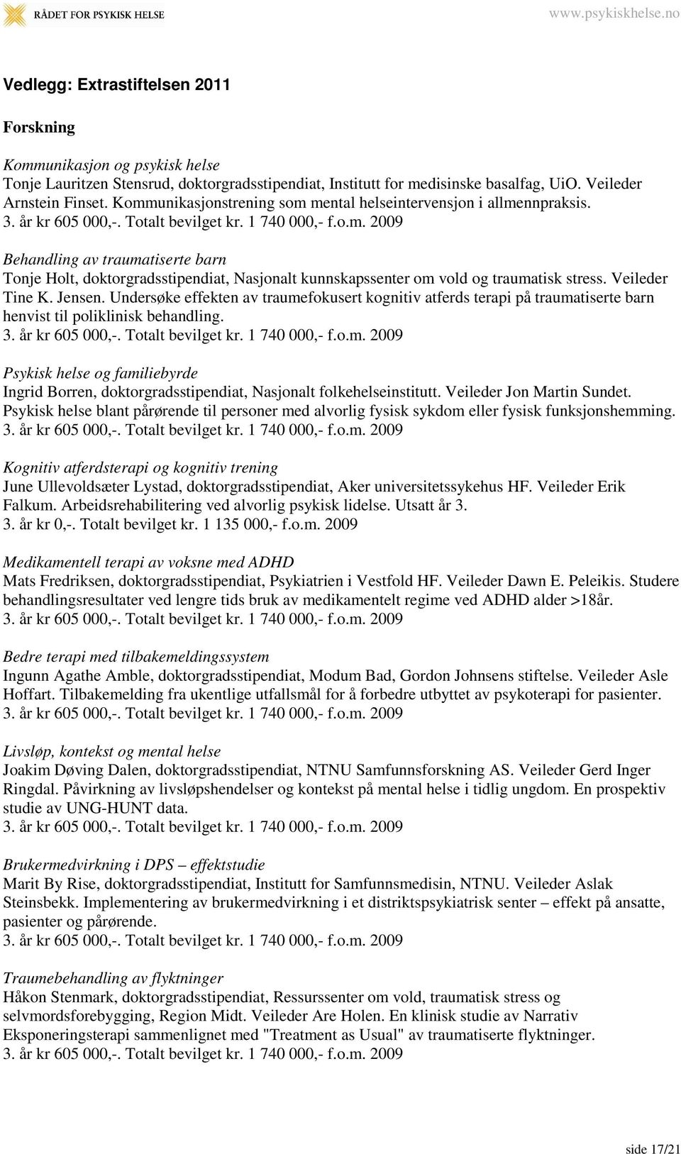 Veileder Tine K. Jensen. Undersøke effekten av traumefokusert kognitiv atferds terapi på traumatiserte barn henvist til poliklinisk behandling. 3. år kr 605 000,-. Totalt bevilget kr. 1 740 000,- f.o.m. 2009 Psykisk helse og familiebyrde Ingrid Borren, doktorgradsstipendiat, Nasjonalt folkehelseinstitutt.